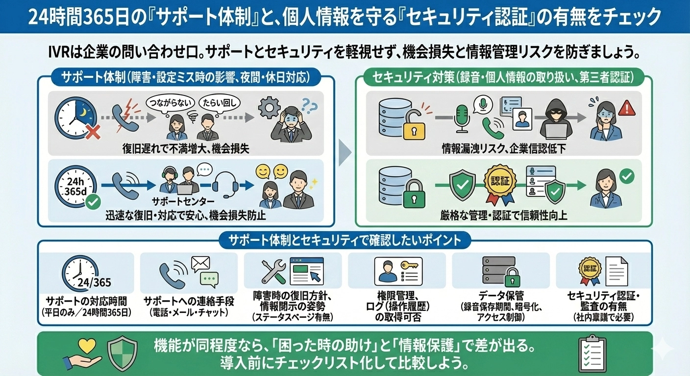 24時間365日のサポート体制と、個人情報を守るセキュリティ認証の有無をチェック