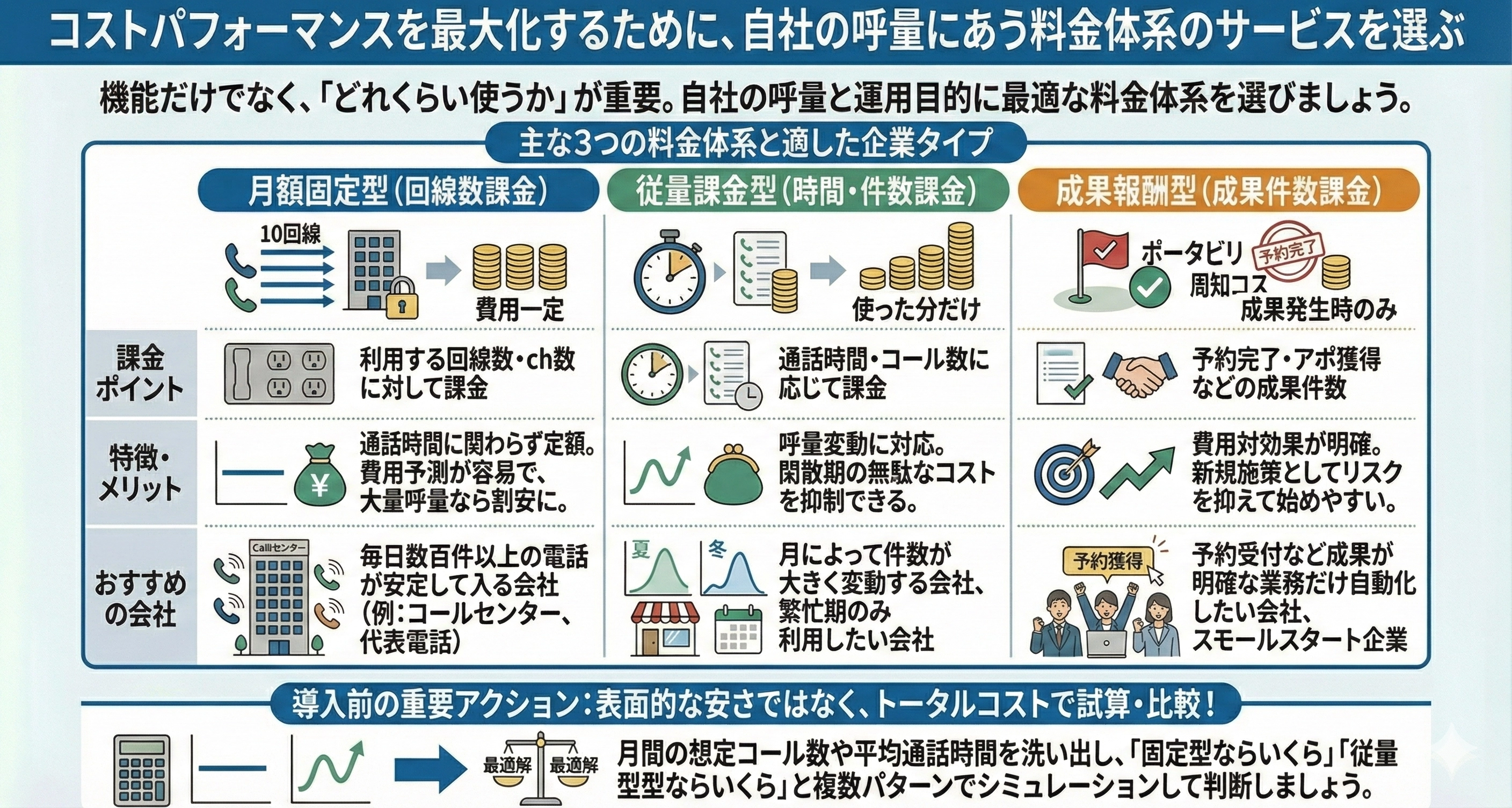 コス  パを最大化するために、自社の呼量にあう料金体系のサービスを選ぶ