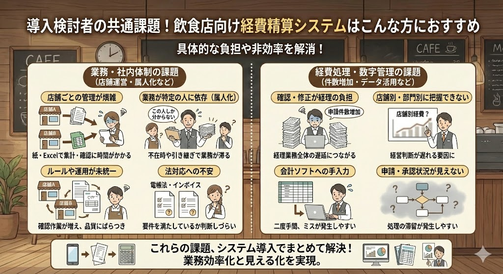 導入検討者の共通課題！飲食店向け経費精算システムはこんな方におすすめ