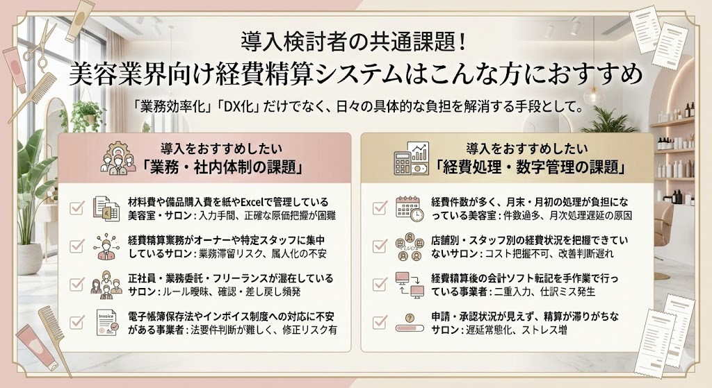導入検討者の共通課題！美容業界向け経費精算システムはこんな方におすすめ