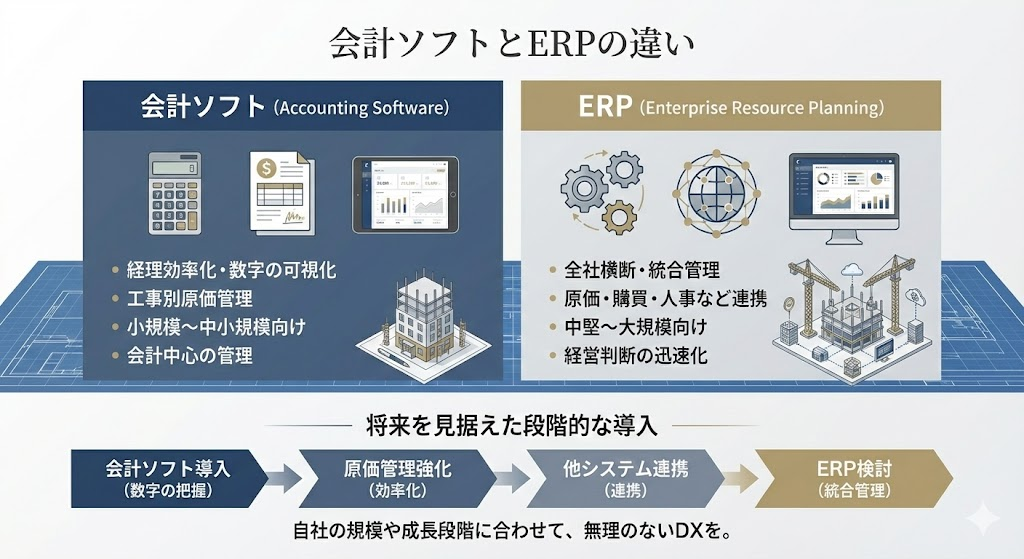 建設業では会計ソフトとERPをどう使い分けるべきか