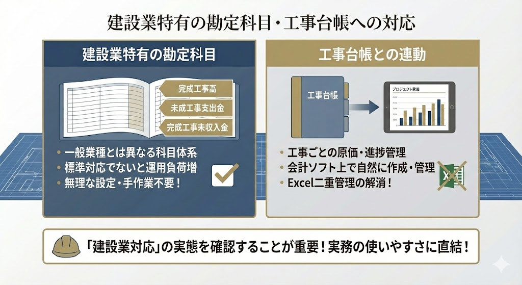 建設業特有の勘定科目・工事台帳に対応しているか