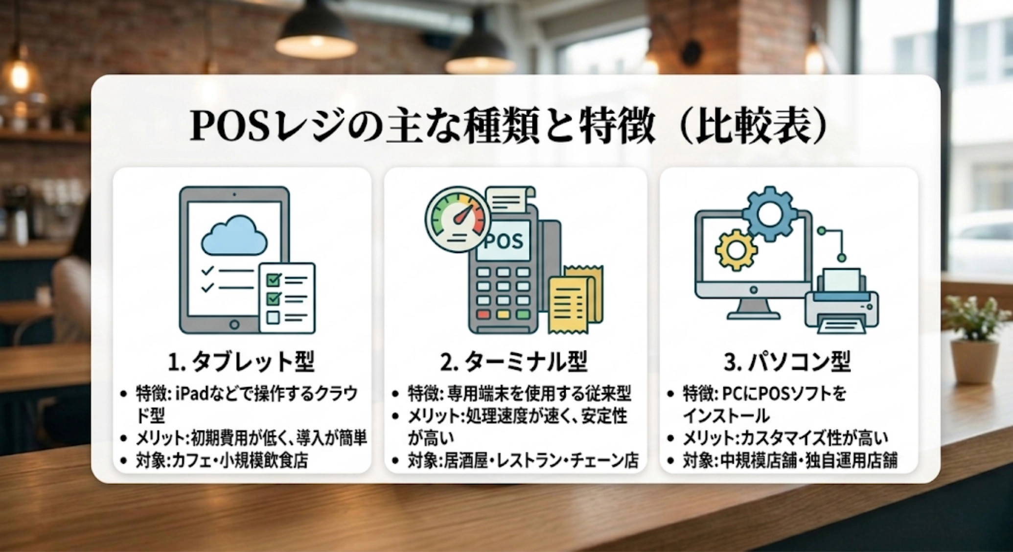 POSレジの主な種類と特徴（タブレット型・ターミナル型・パ ソコン型）