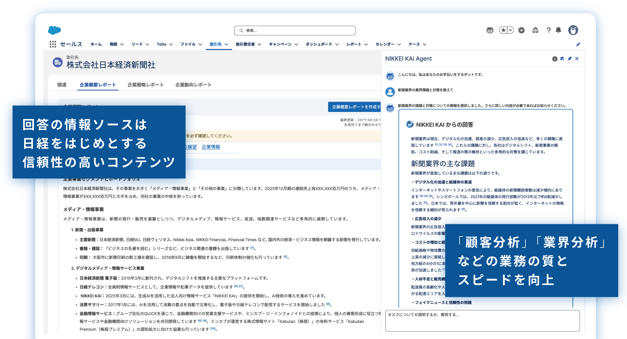 日本経済新聞などの一次情報とSalesforce上の顧客データを組み合わせることで、顧客理解から提案準備までを支援する営業特化型AIエージェントとして機能する