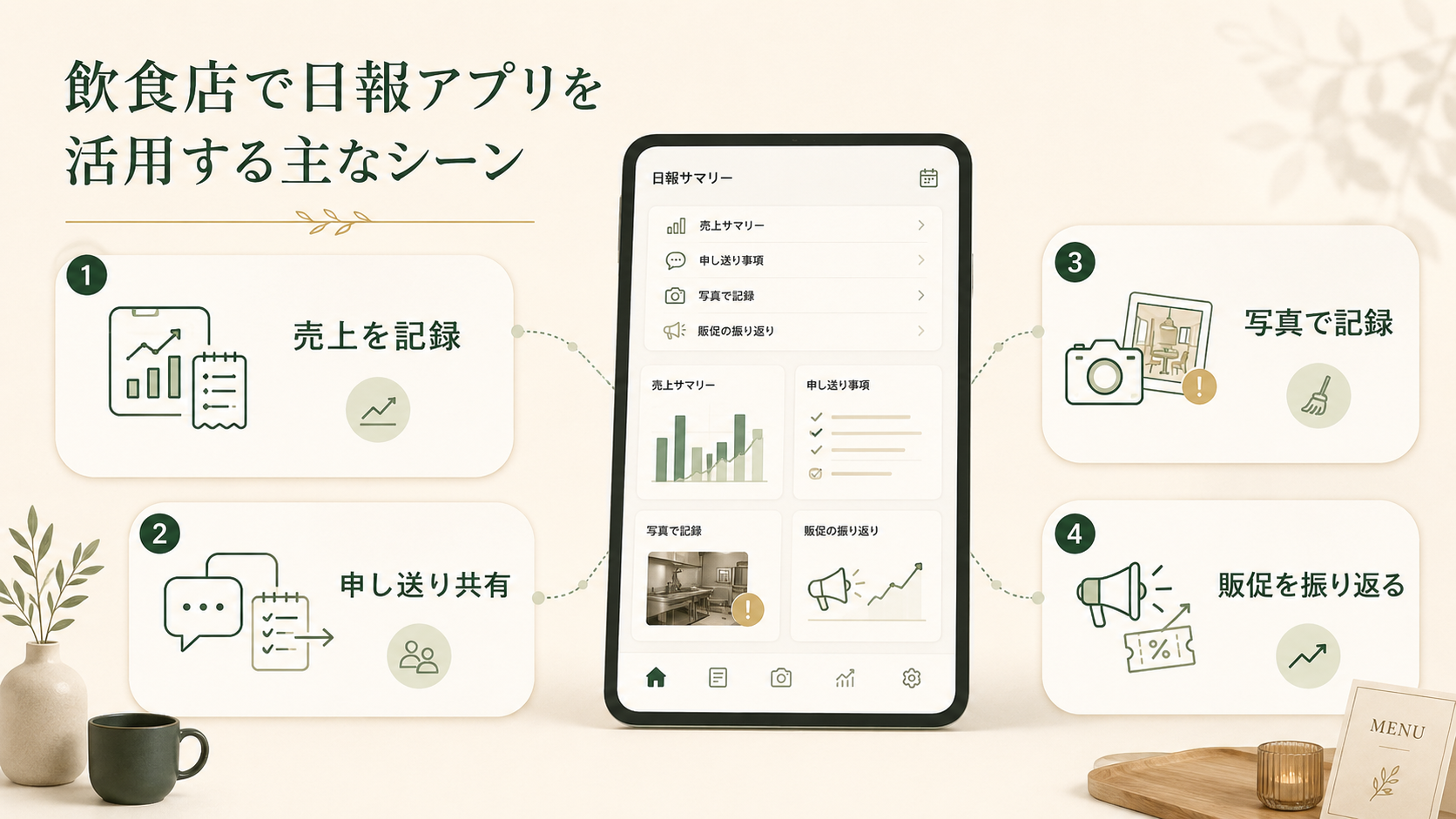 飲食店で日報アプリを活用する主なシーン