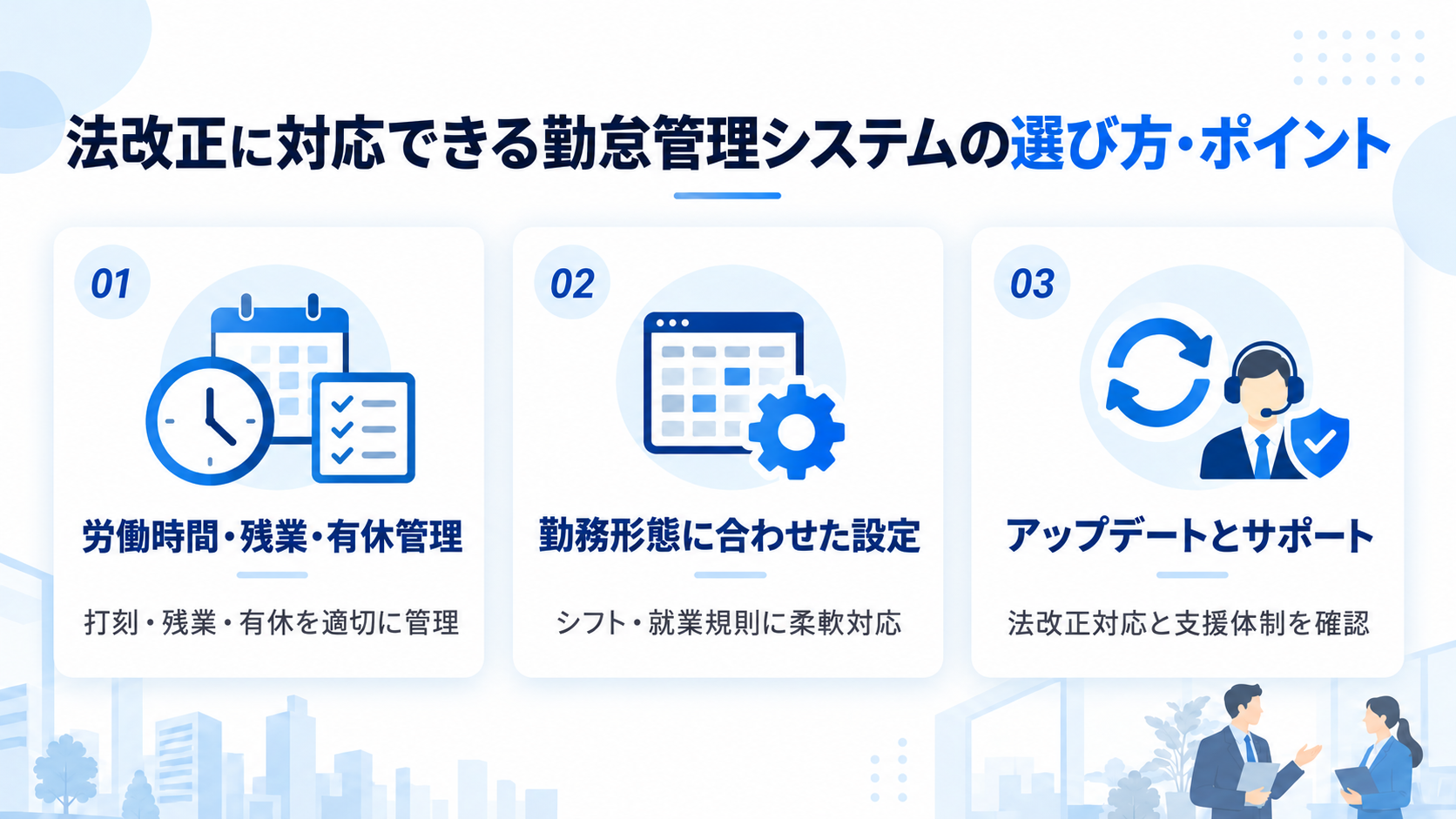 法改正に対応できる勤怠管理システムの選び方・ポイント